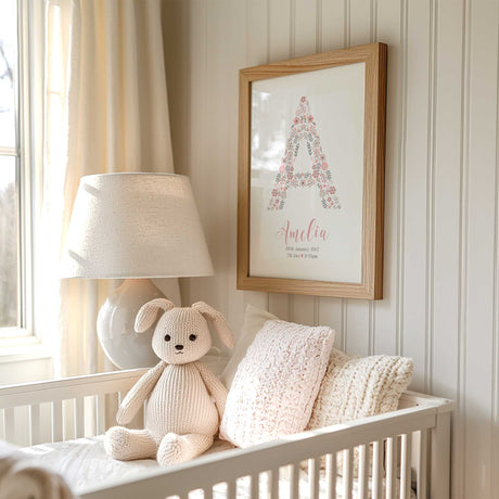 Custom pink floral name print for baby girl nursery decor