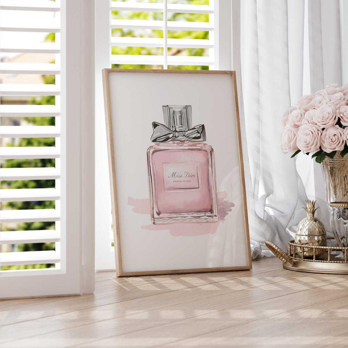 Pink perfume bottle artwork featuring a decorative silver bow, soft pink fragrance bottle and pale watercolour background.