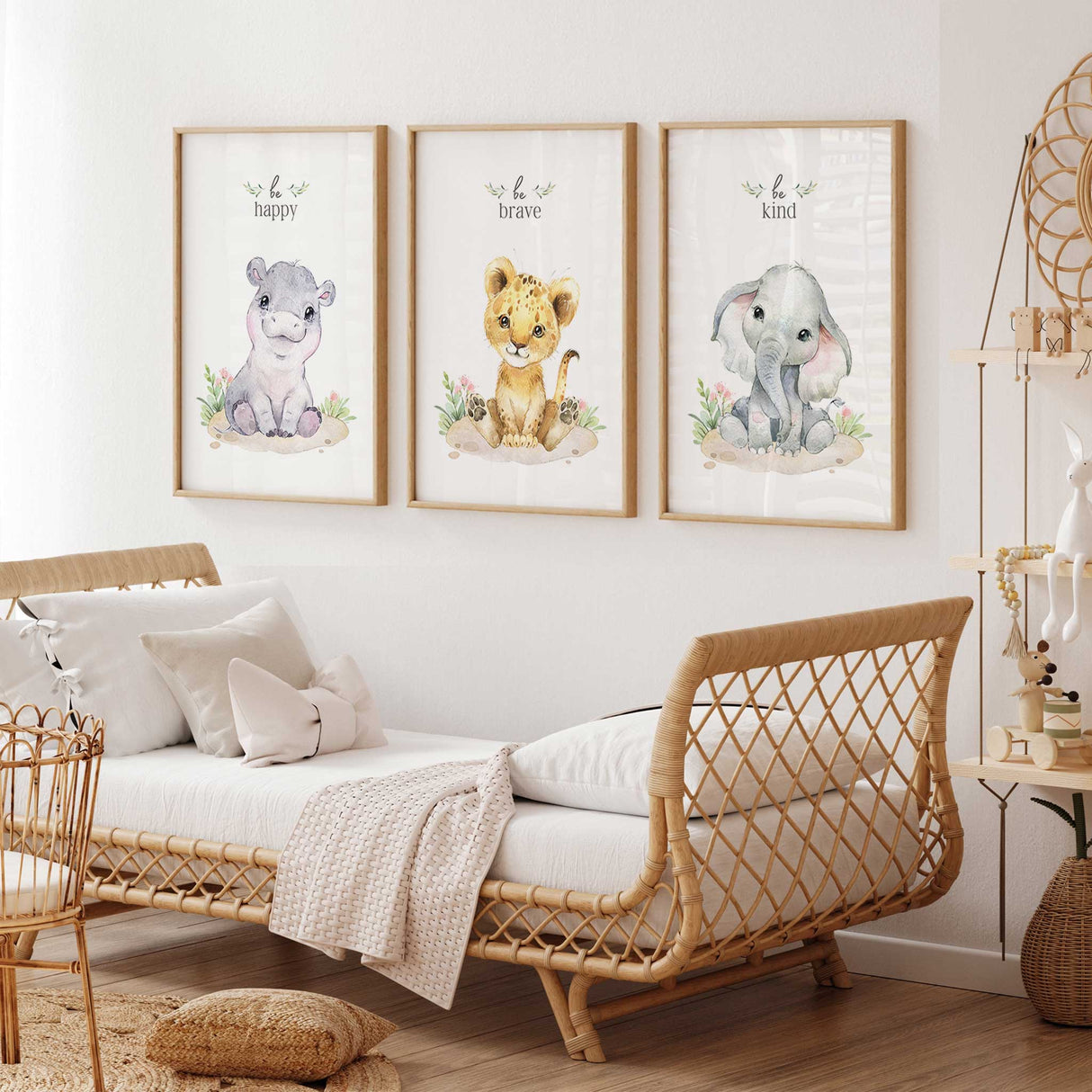 Pink safari animal nursery prints featuring hippo lion cub and elephant