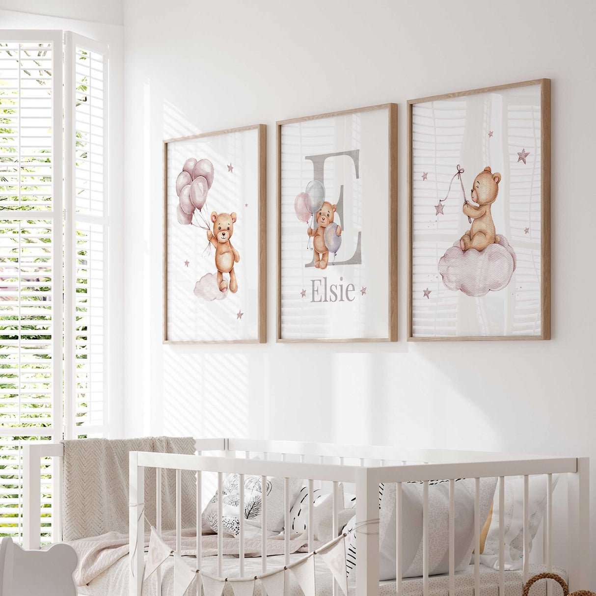 Pink teddy bear baby girl nursery prints with balloons, clouds and stars