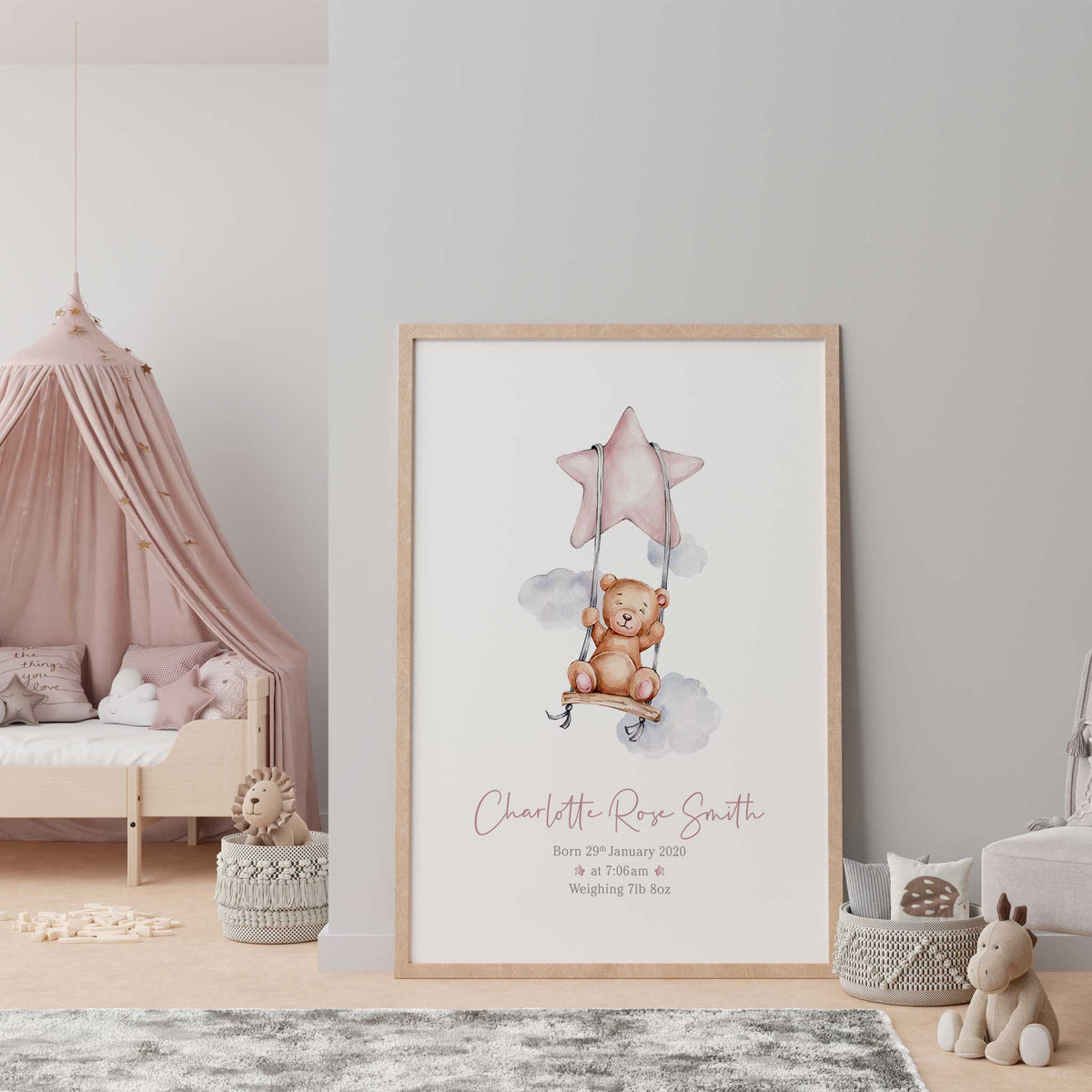 Pink teddy bear baby name print with a bear on a swing, pastel clouds and personalised birth details