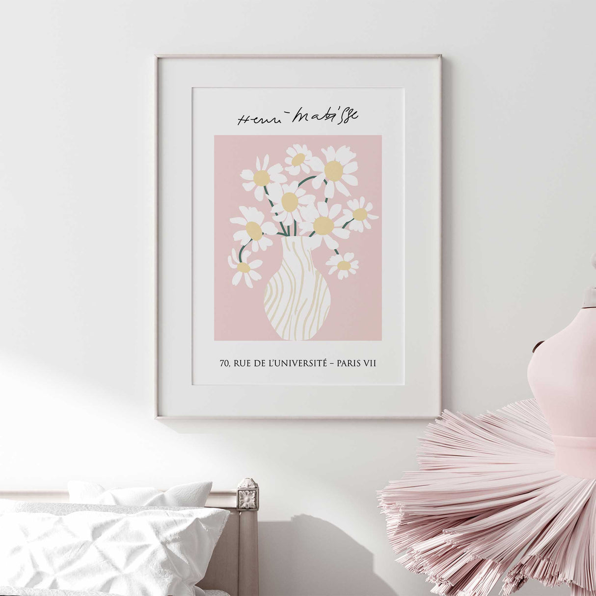 Nursery or teen room wall art print with daisy vase and pink background