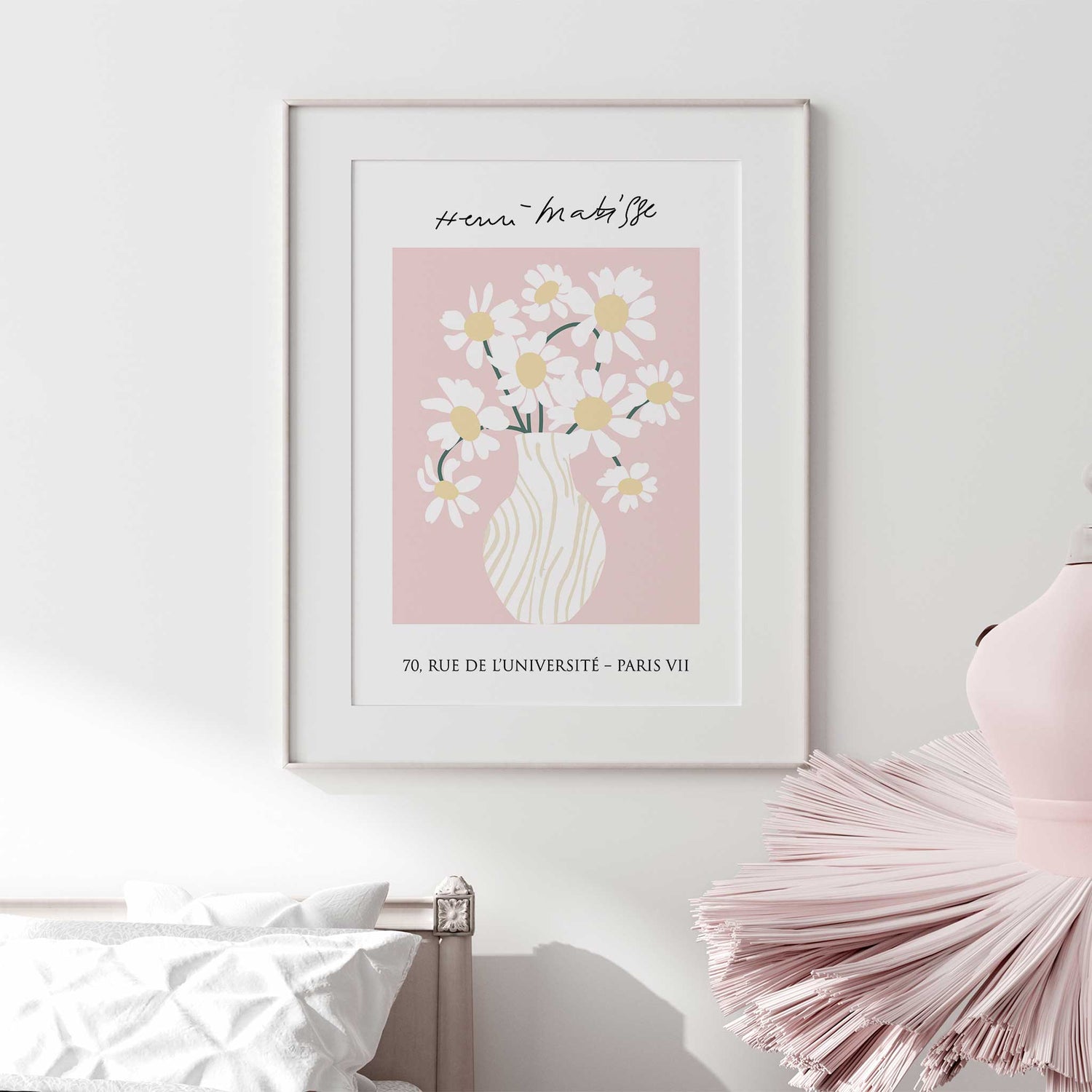 Nursery or teen room wall art print with daisy vase and pink background