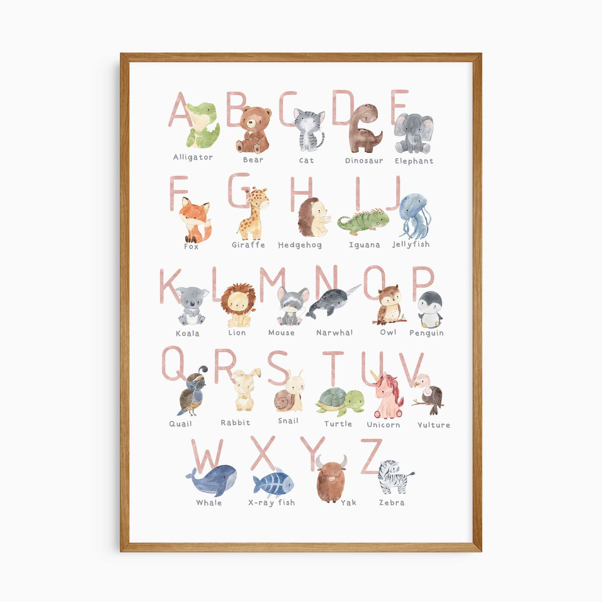 Animal alphabet print with pink uppercase A to Z letters, watercolour animals and a name beneath each illustration.
