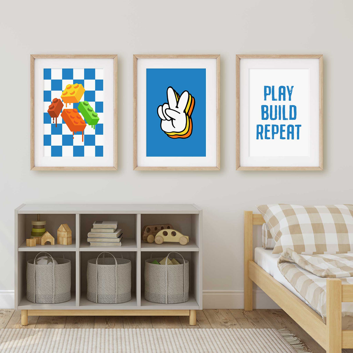Kids print with “Play Build Repeat” blue text on white background for boys’ bedroom or playroom