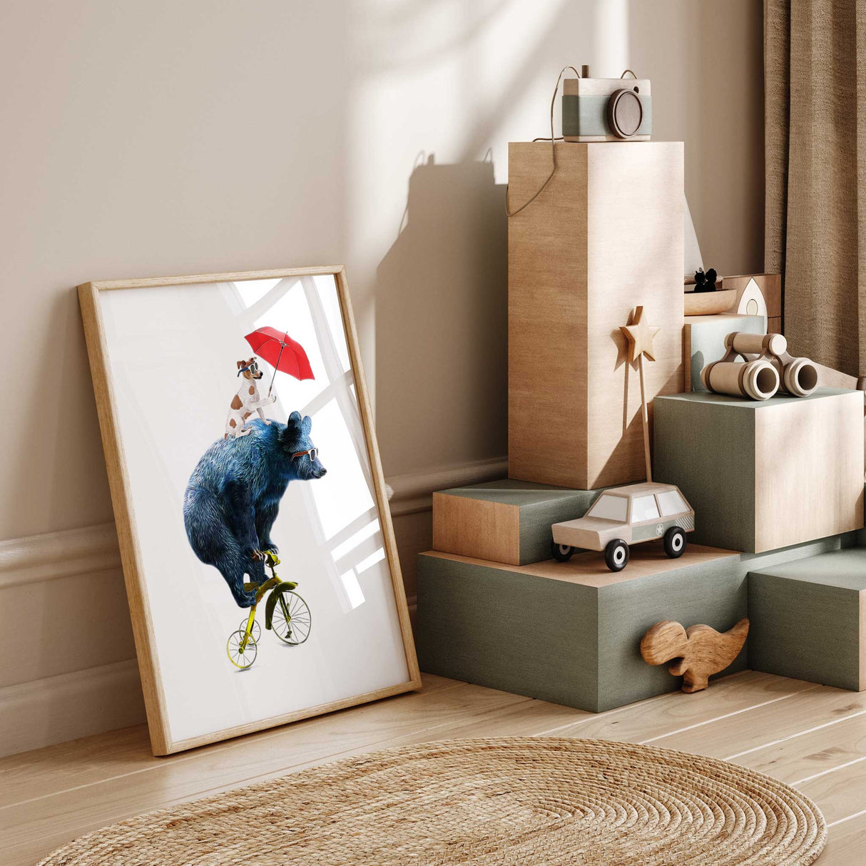 playful bear and dog wall art print for children playroom