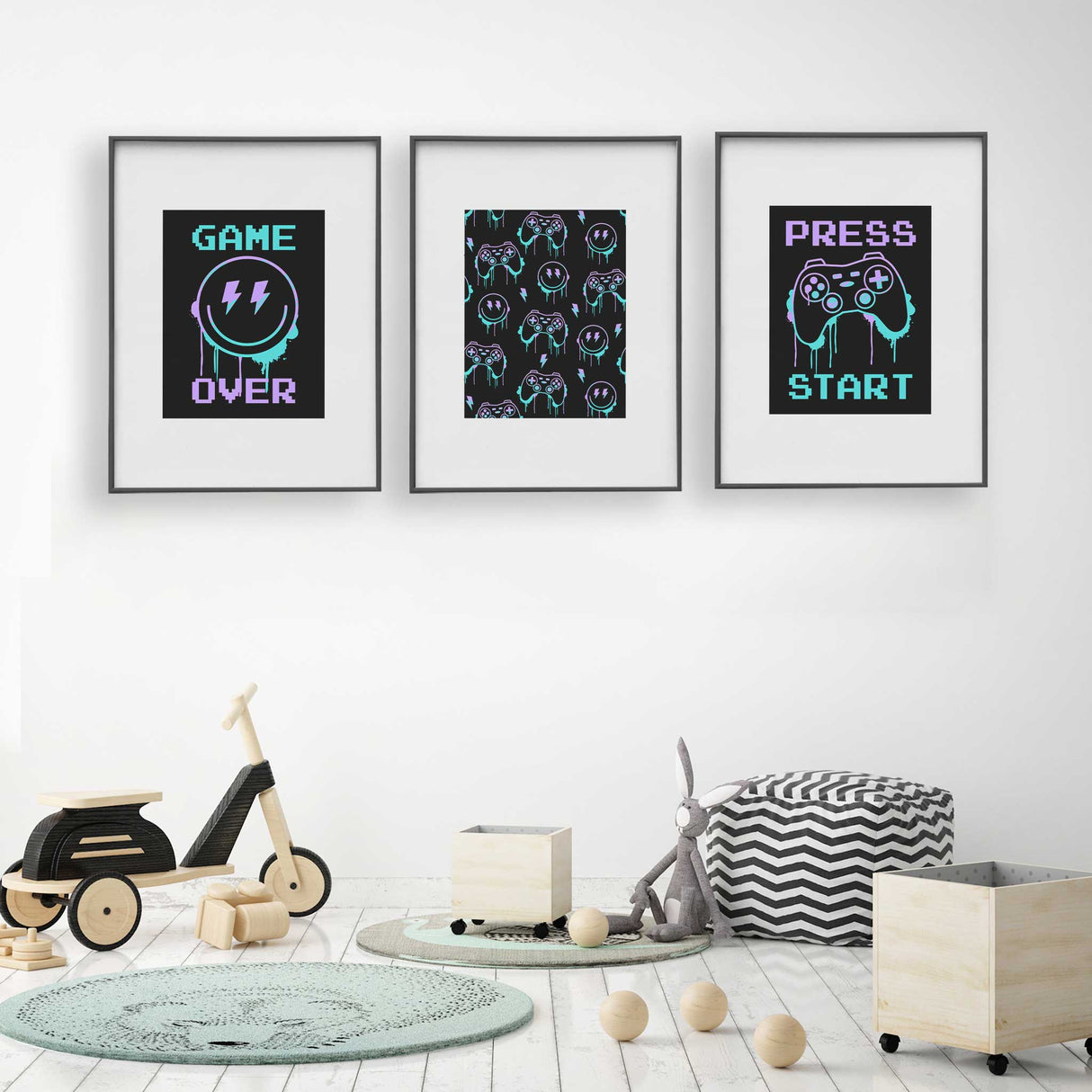 set of 3 boys playroom artwork with smiley face and gaming theme in neon colours