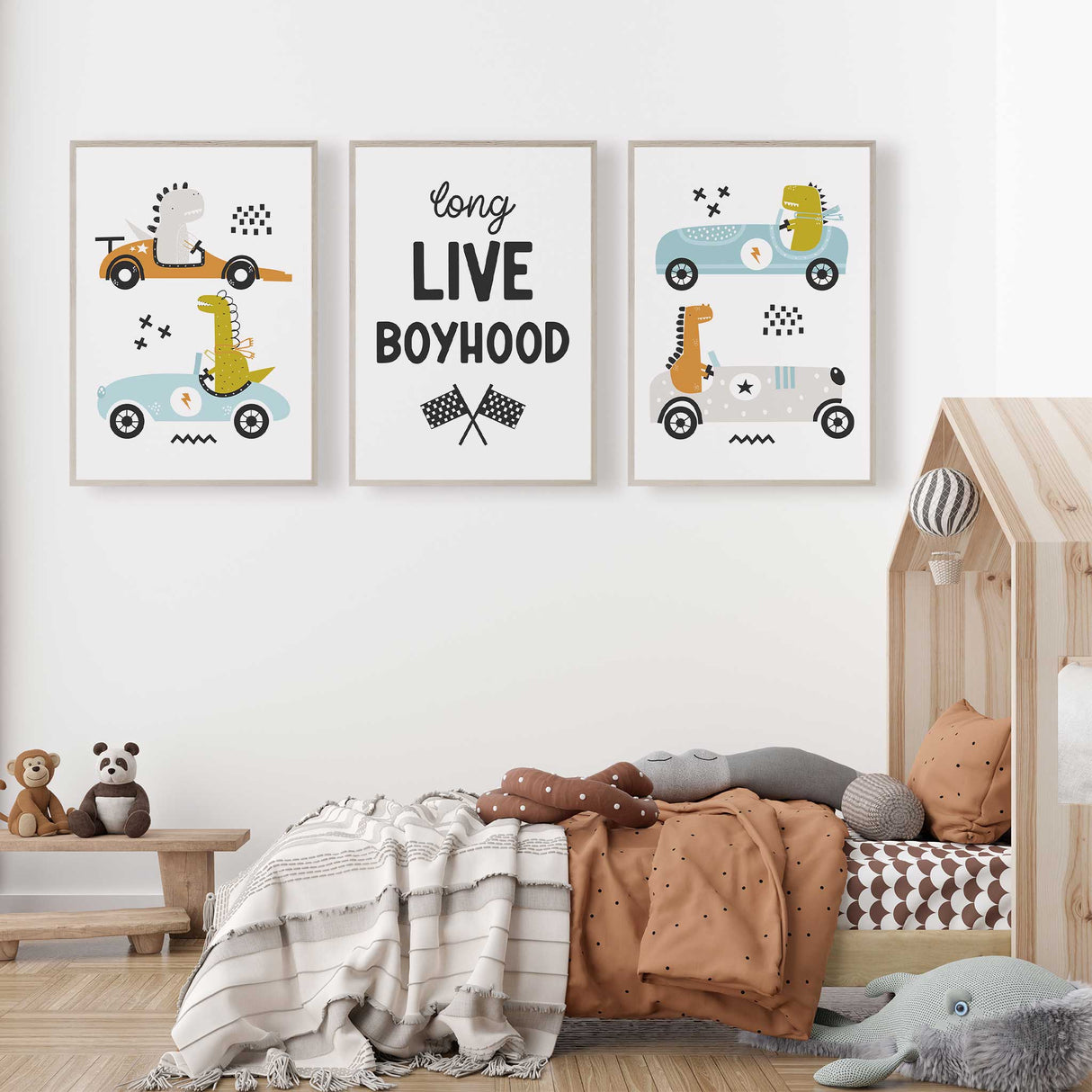 boys playroom wall art set with dinosaurs driving race cars and fun details