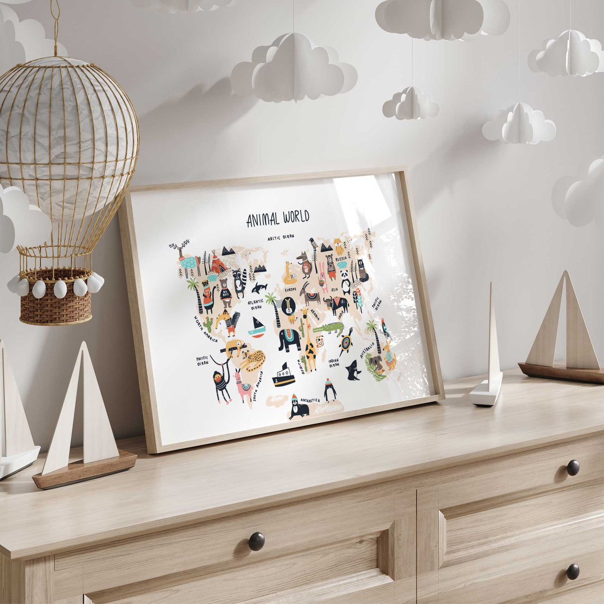 Whimsical Animal World map print featuring cute animals and adventure icons