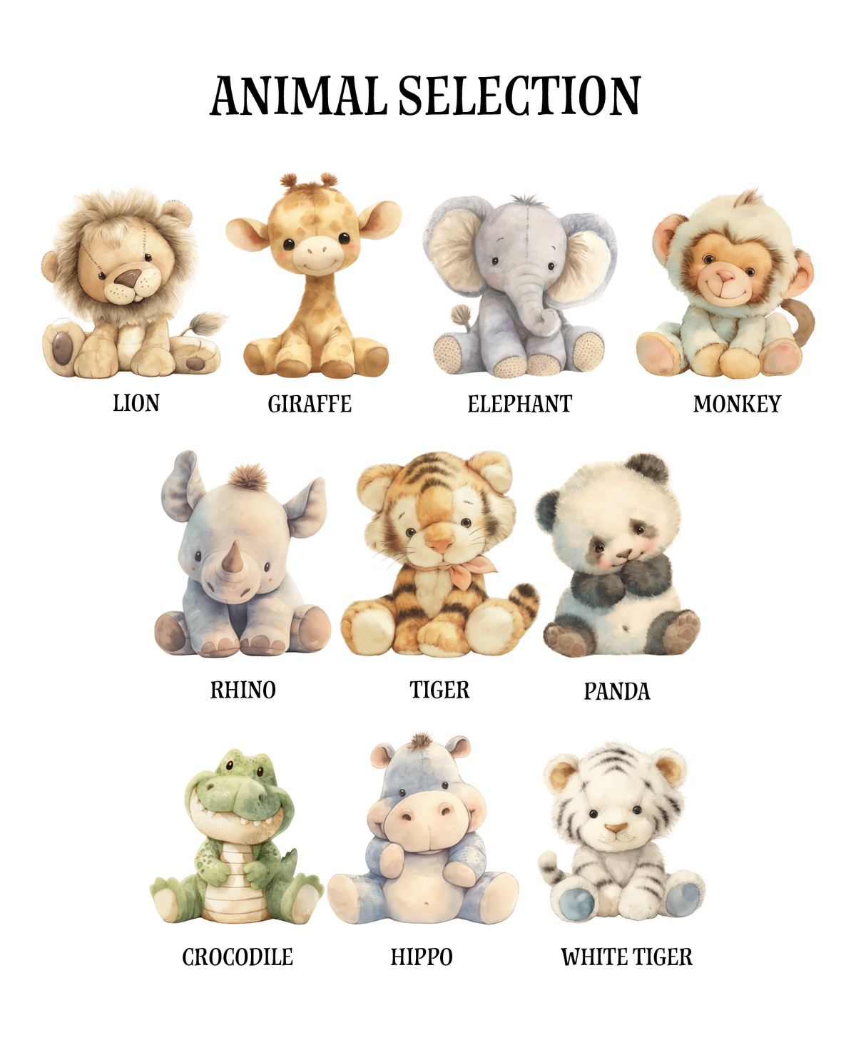 Guide showing the 10 plush animals available for the personalised birth print, including lion, giraffe, elephant and panda