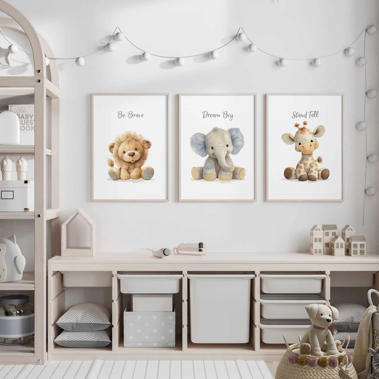 Plush safari animal nursery prints set of 3 featuring lion, elephant, and giraffe with inspirational quotes