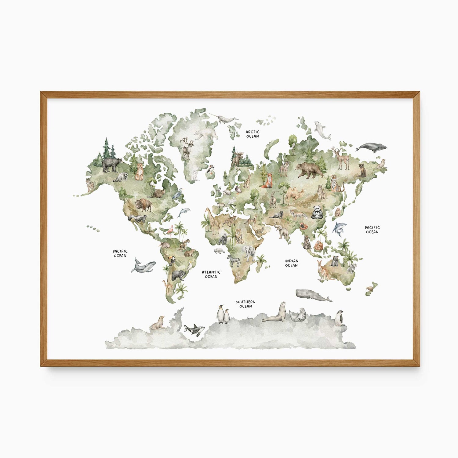 Watercolor world map with animals illustration, featuring elephants, bears, and penguins in their respective continents, perfect for nursery or kids’ room decor