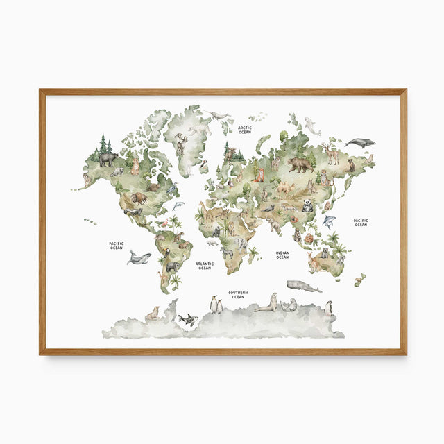 Watercolor world map with animals illustration, featuring elephants, bears, and penguins in their respective continents, perfect for nursery or kids’ room decor