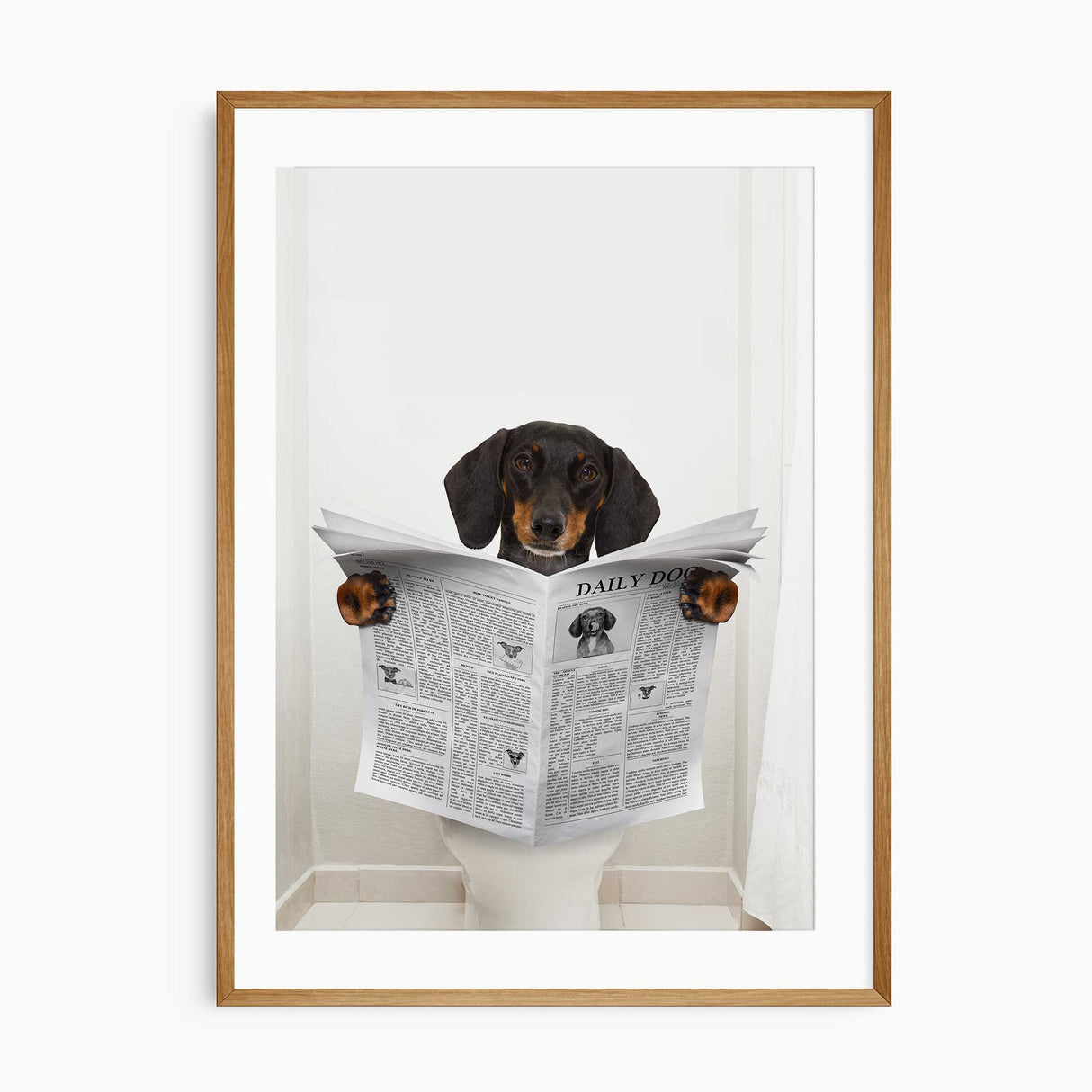 A dog sitting on a toilet, reading a newspaper in a humorous bathroom setting.
