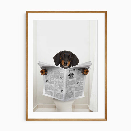 A dog sitting on a toilet, reading a newspaper in a humorous bathroom setting.