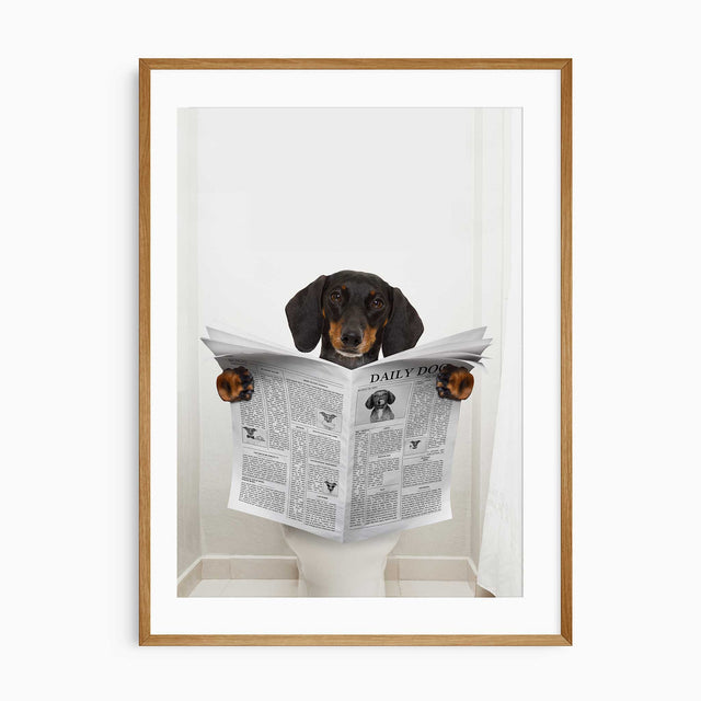 A dog sitting on a toilet, reading a newspaper in a humorous bathroom setting.