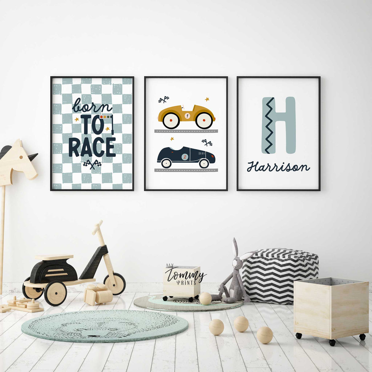 Race car nursery print set with checkered flag and bold racing design