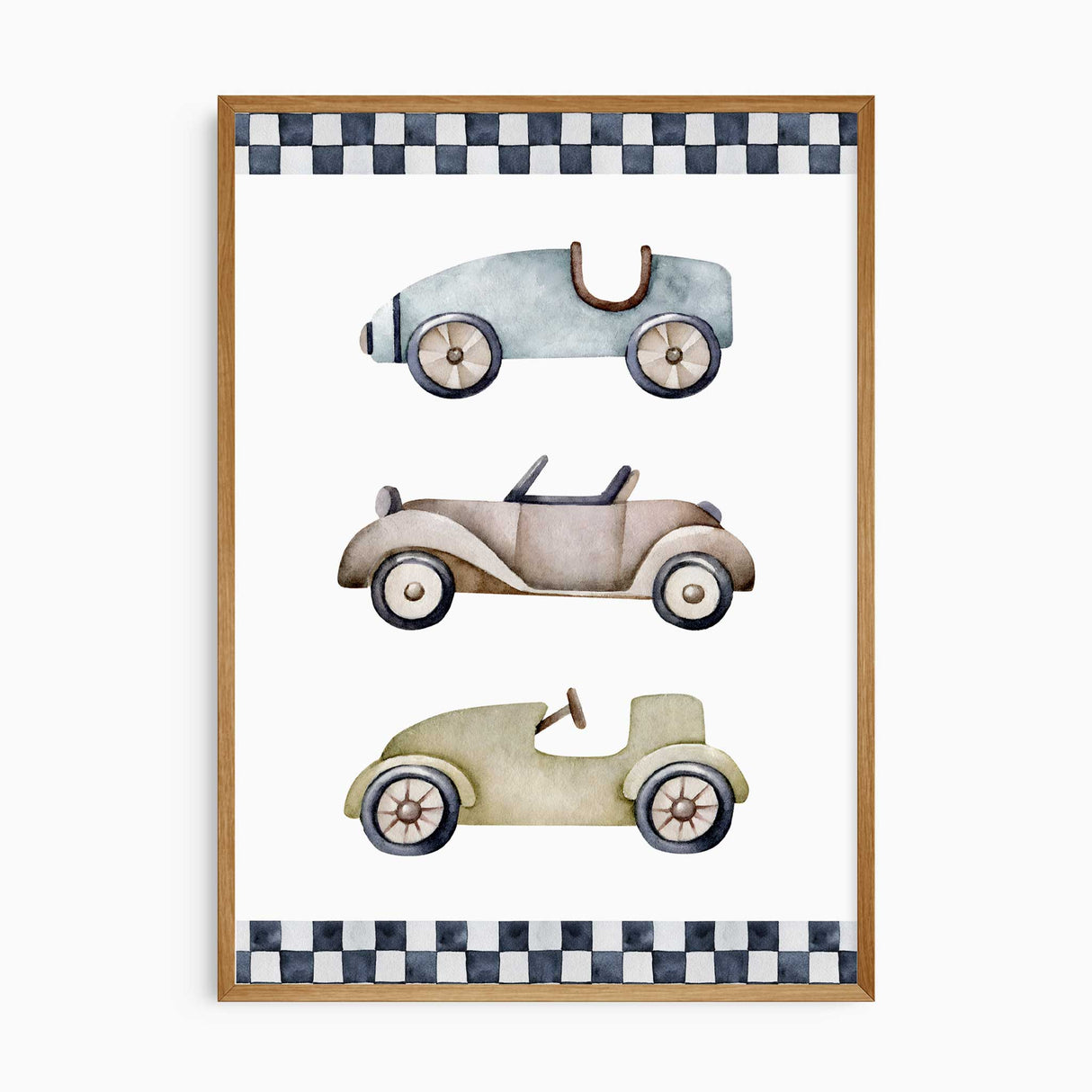 Vintage style race car wall art print with checkered borders