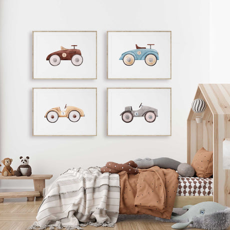 Vintage race car print in soft blue for boys nursery or toddler bedroom wall art