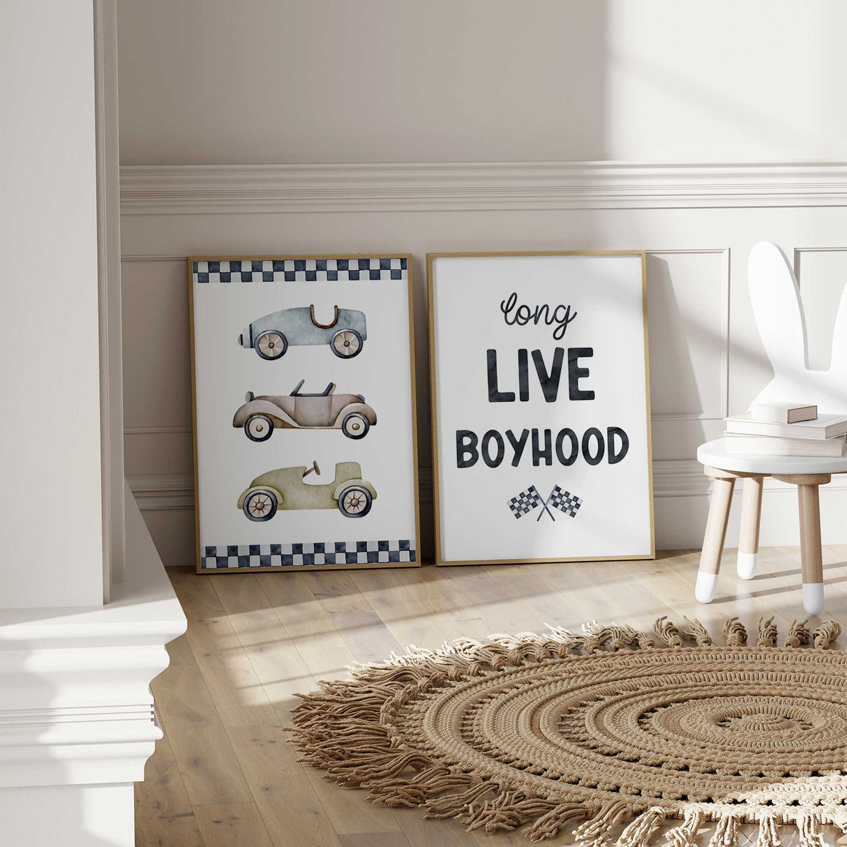 Racing themed wall art set of 2 prints for kids room or playroom