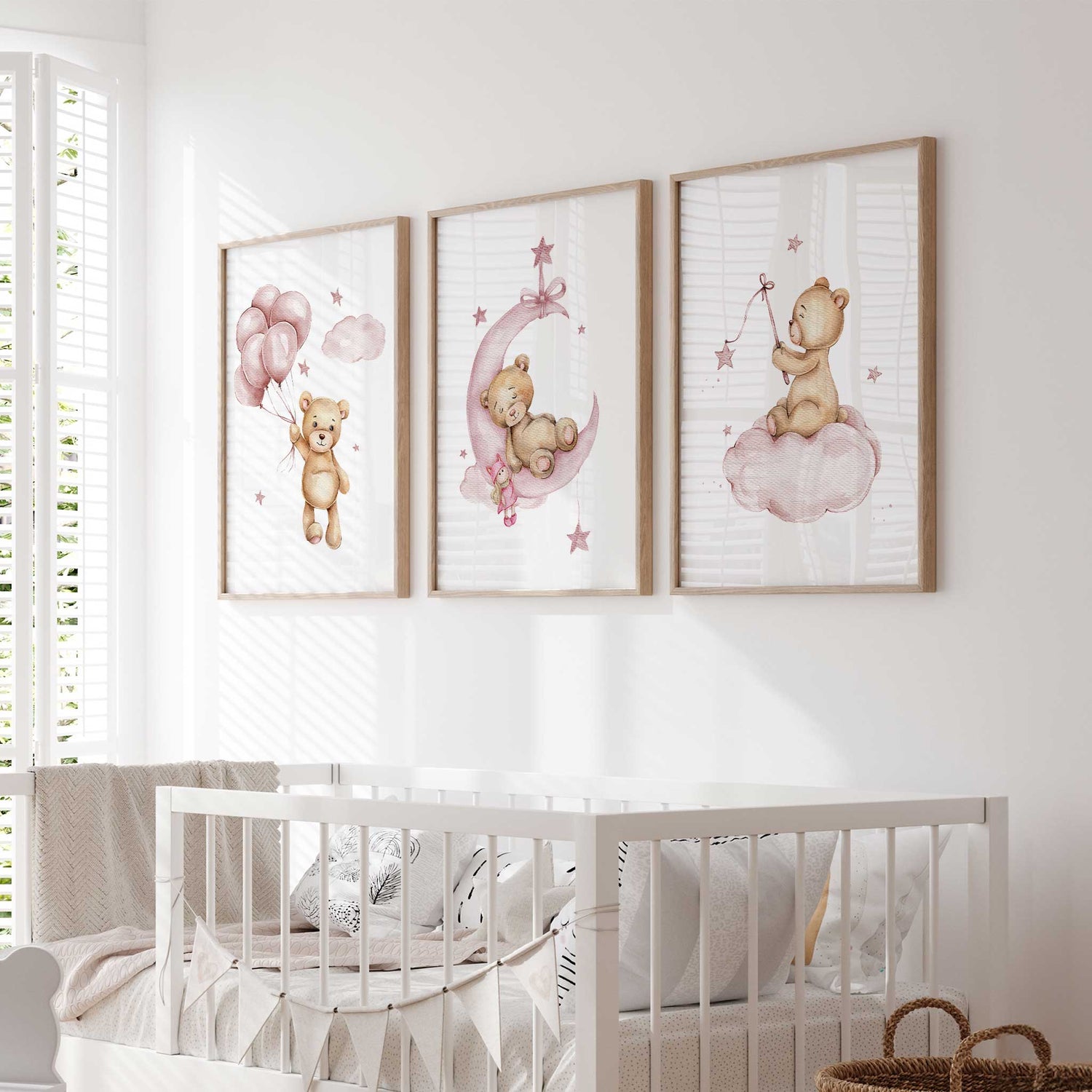 Set of 3 pink teddy bear nursery prints for girls featuring moon, stars, clouds, and balloons perfect baby girl wall art for a dreamy bedroom.