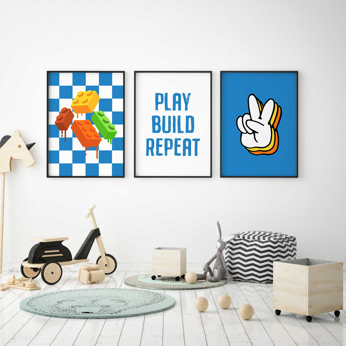Melting LEGO-style rainbow blocks on checkerboard background, fun kids wall art print