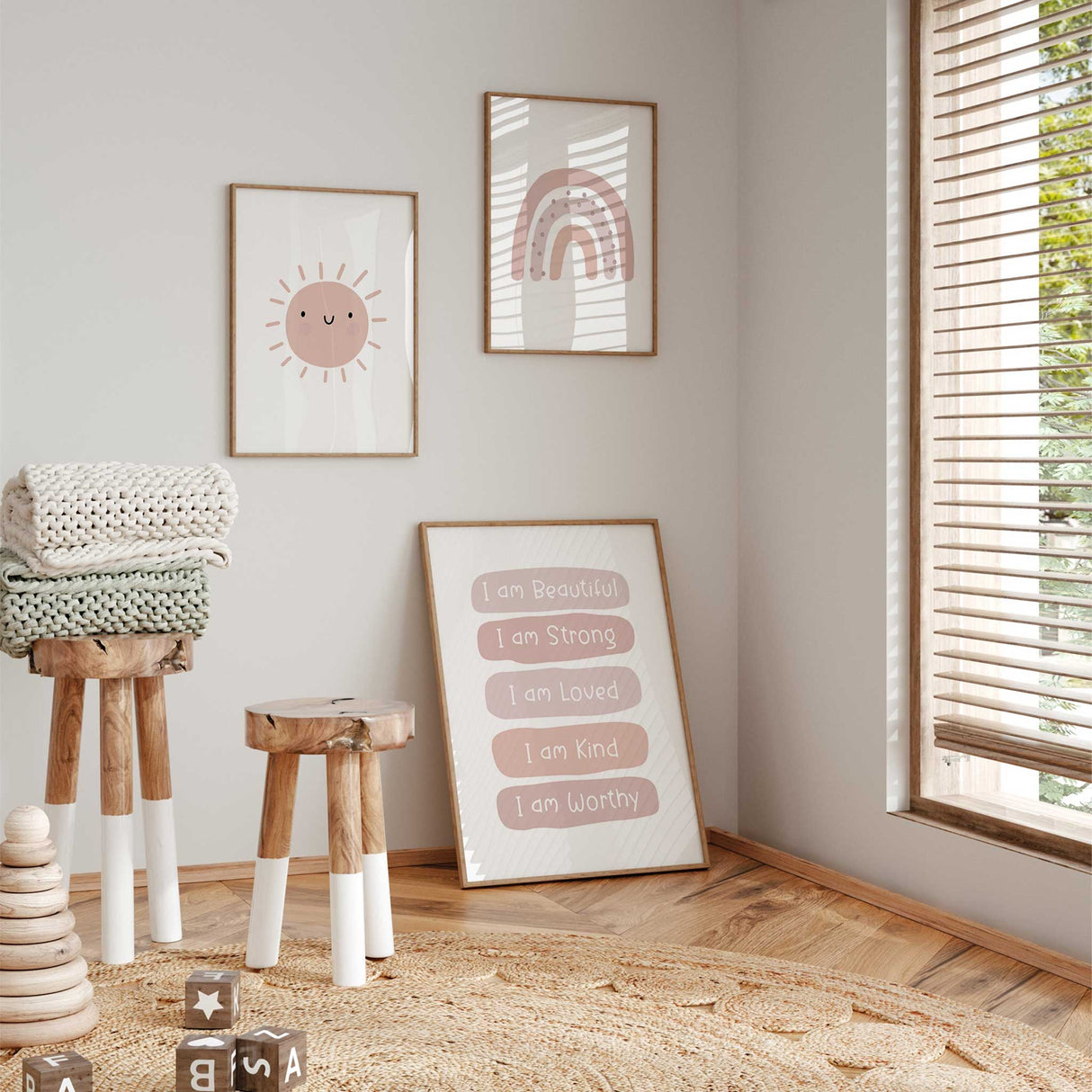 Minimalist rainbow wall art print in soft pinks for nursery or playroom