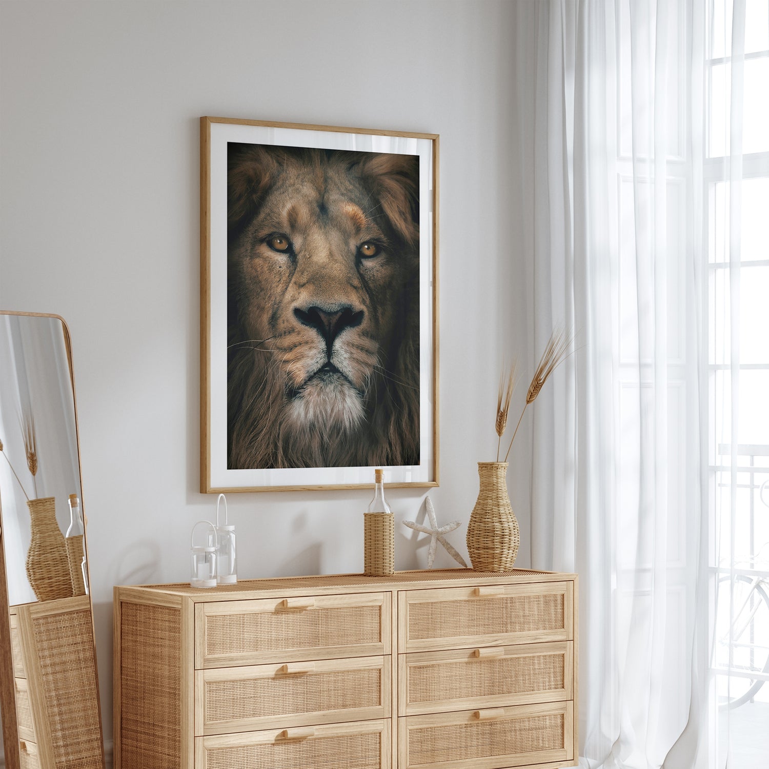 Lion's lower face close up highlighting fur and whiskers, in a minimalist wooden frame.