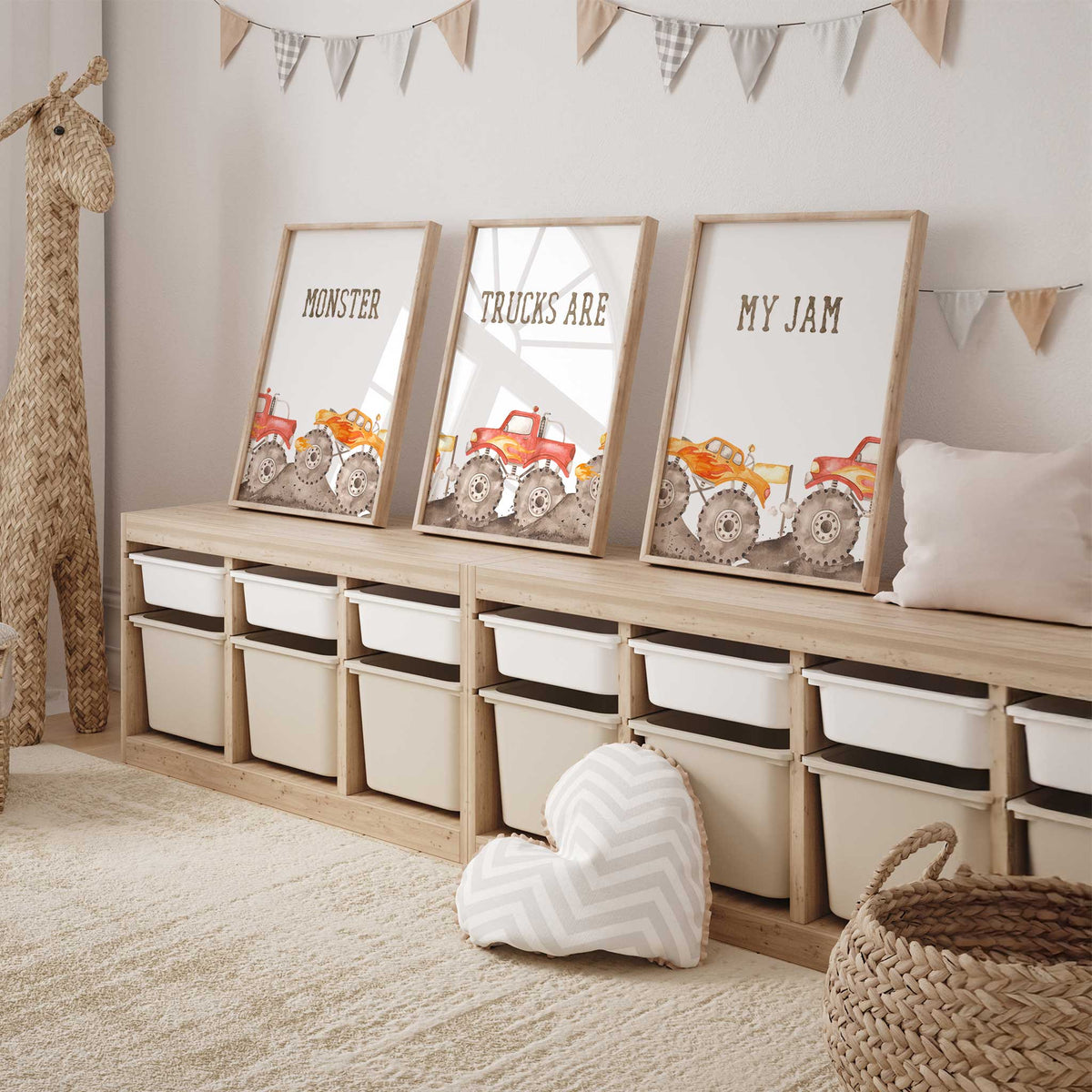 Monster Trucks Are My Jam print set with red and orange trucks, oversized muddy tyres and brown text on white.