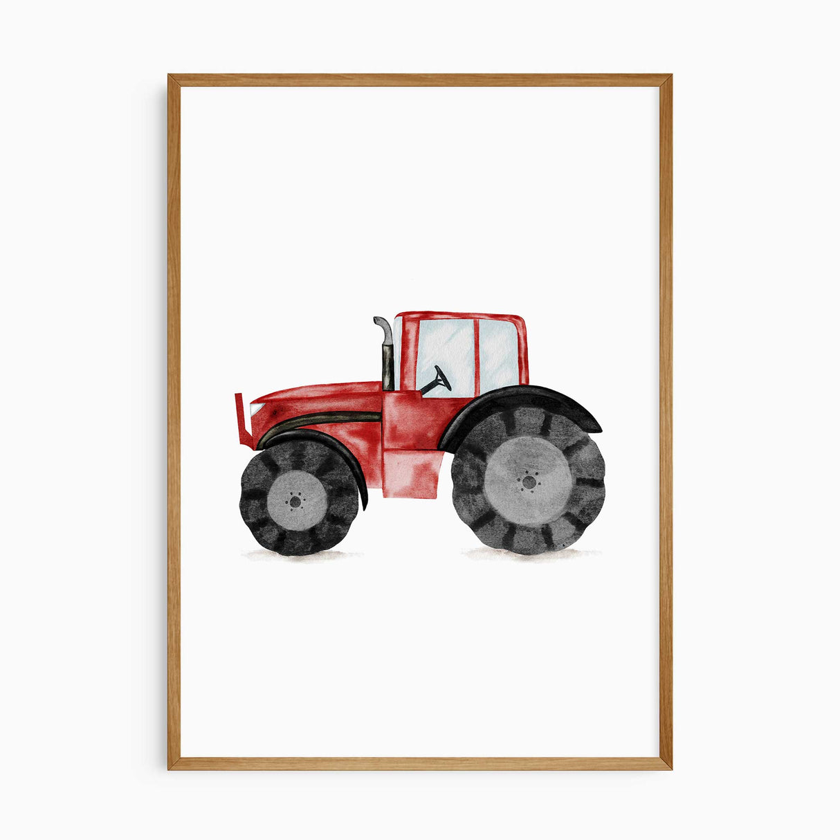 Red tractor wall art print for boys’ bedroom or nursery, part of vehicle set of three.