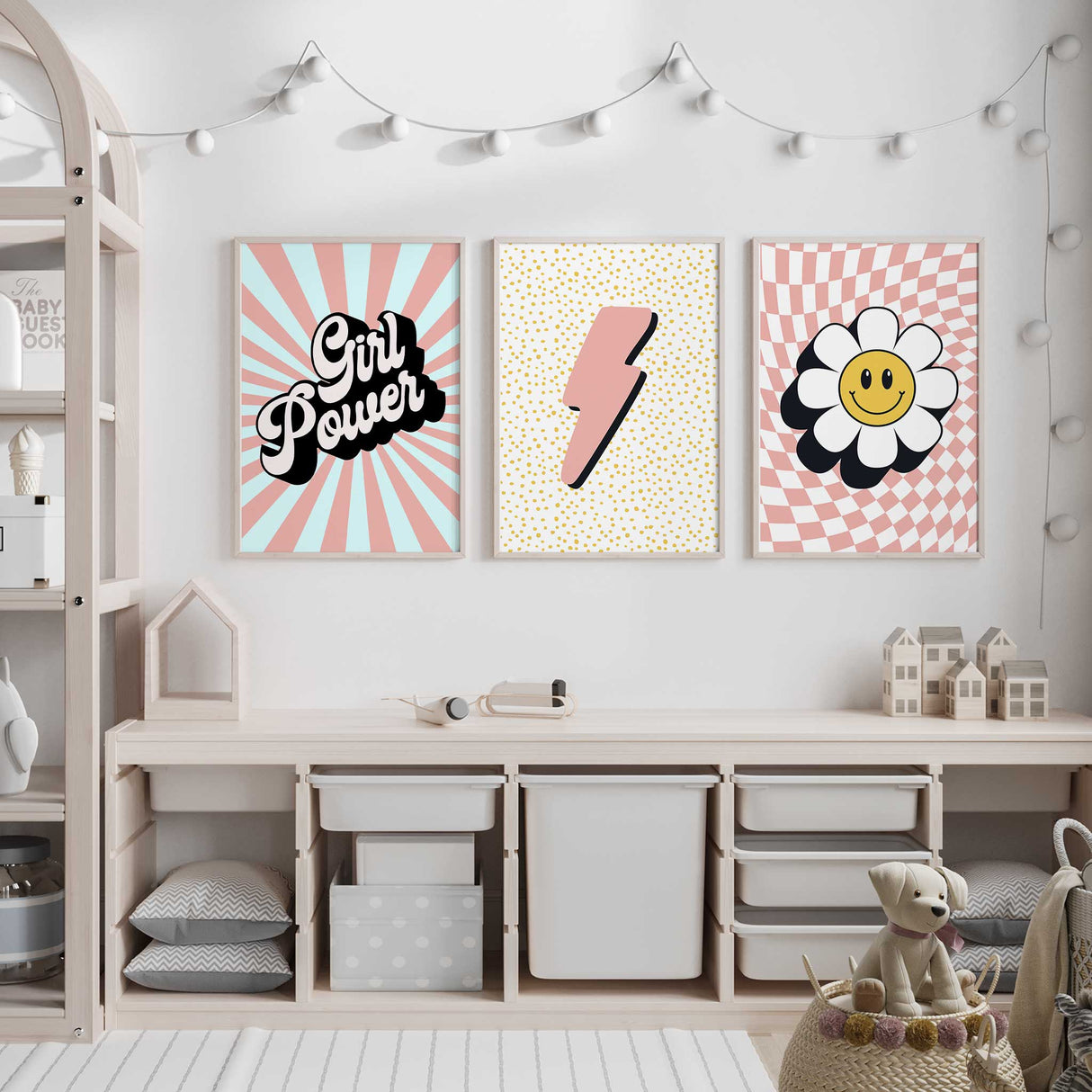 Pink lightning bolt print with mustard dots for girls' room wall art