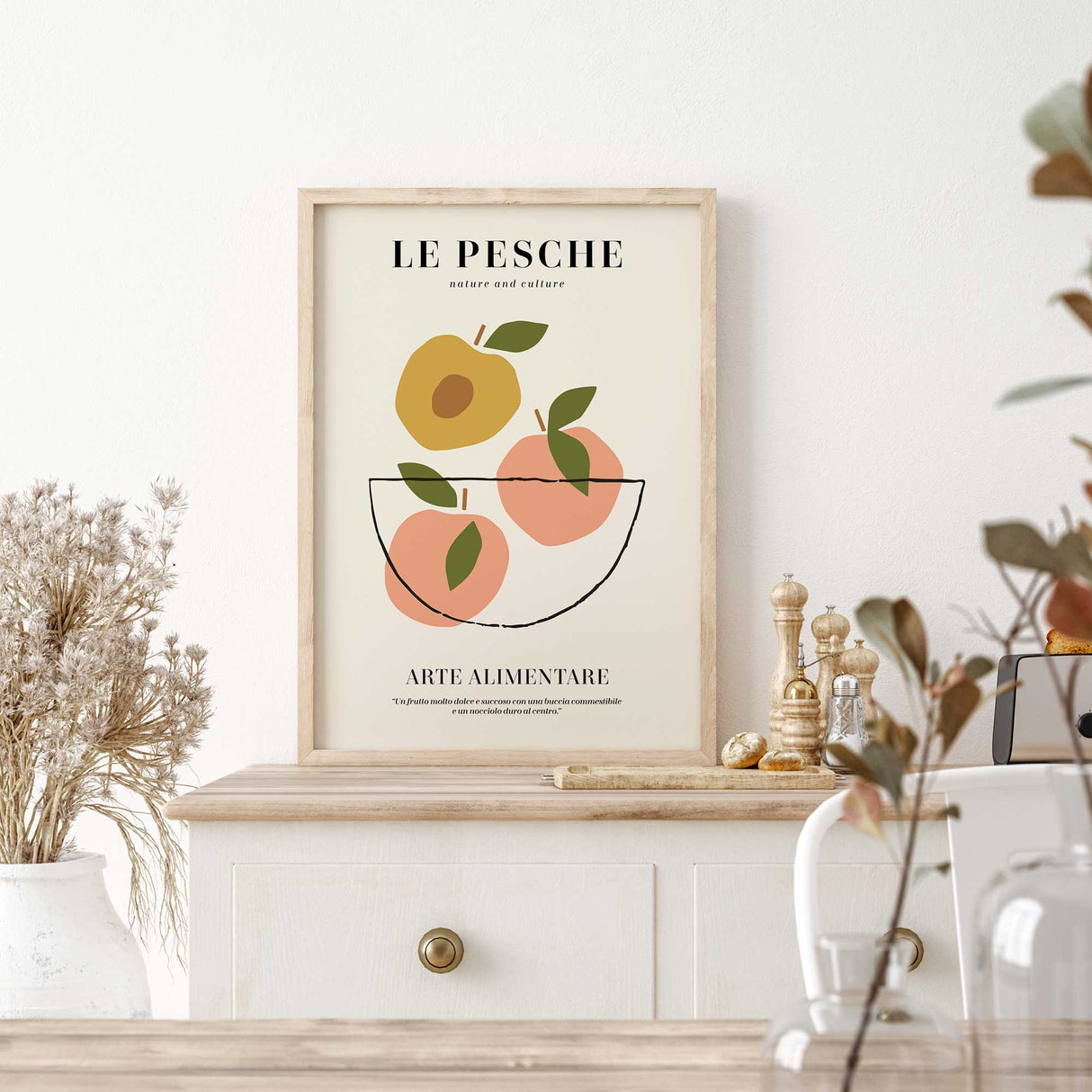 Retro Italian fruit poster featuring graphic peaches, green leaves and simple typography on a warm cream background