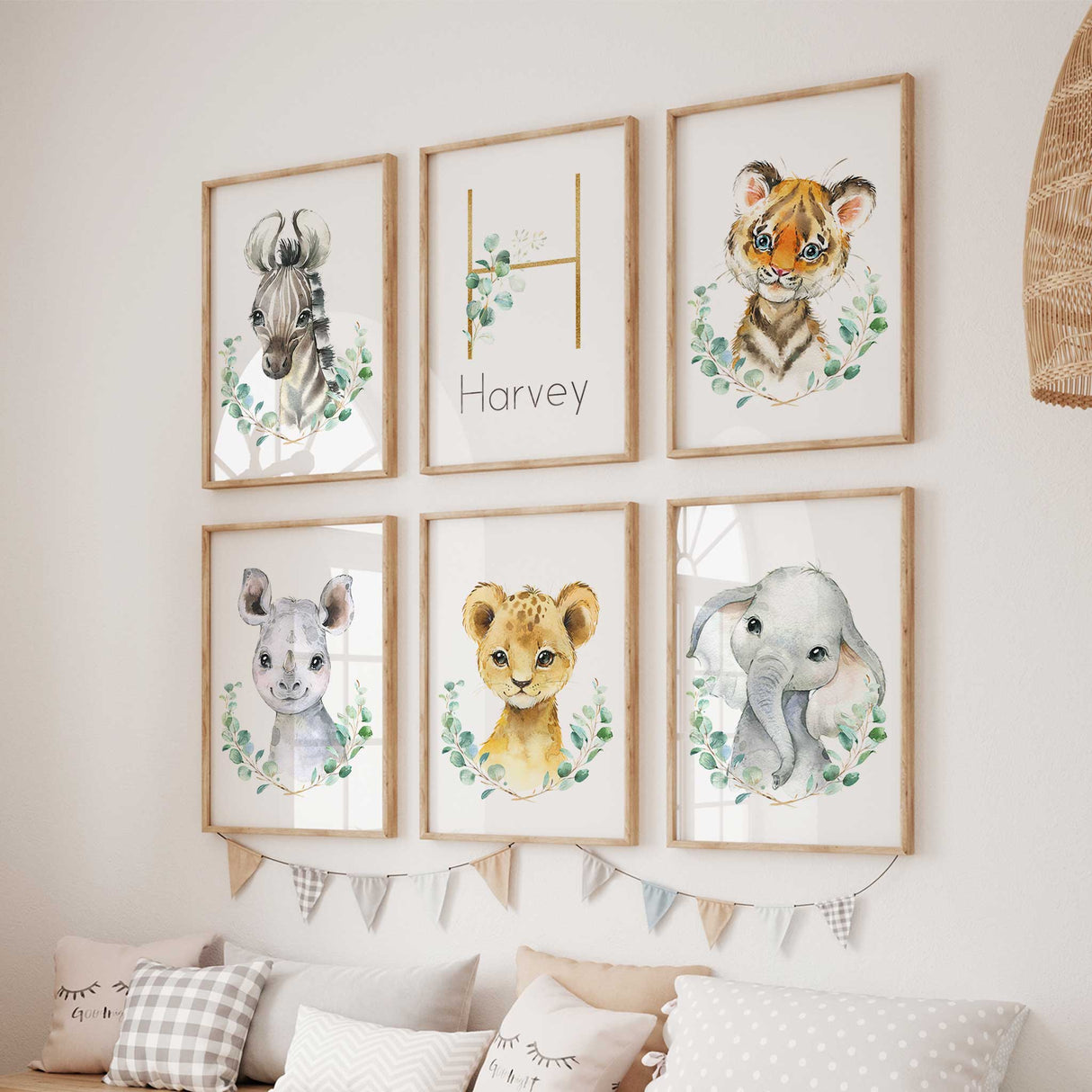 Rhino and zebra safari nursery wall art with eucalyptus foliage