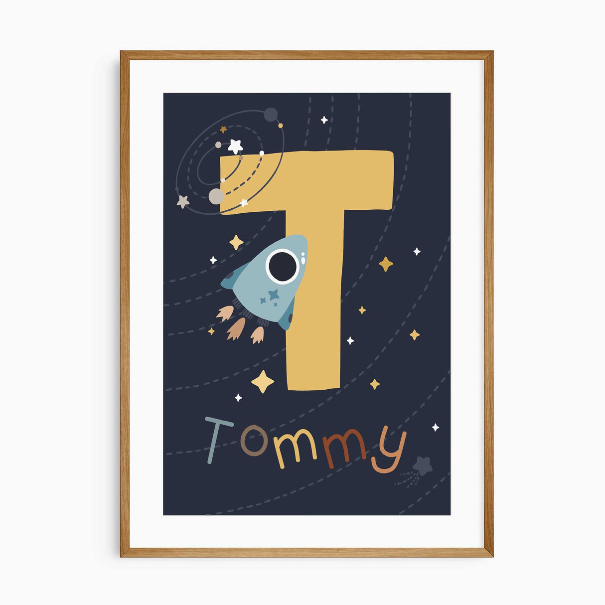 Personalised initial with rocket and name kids wall art