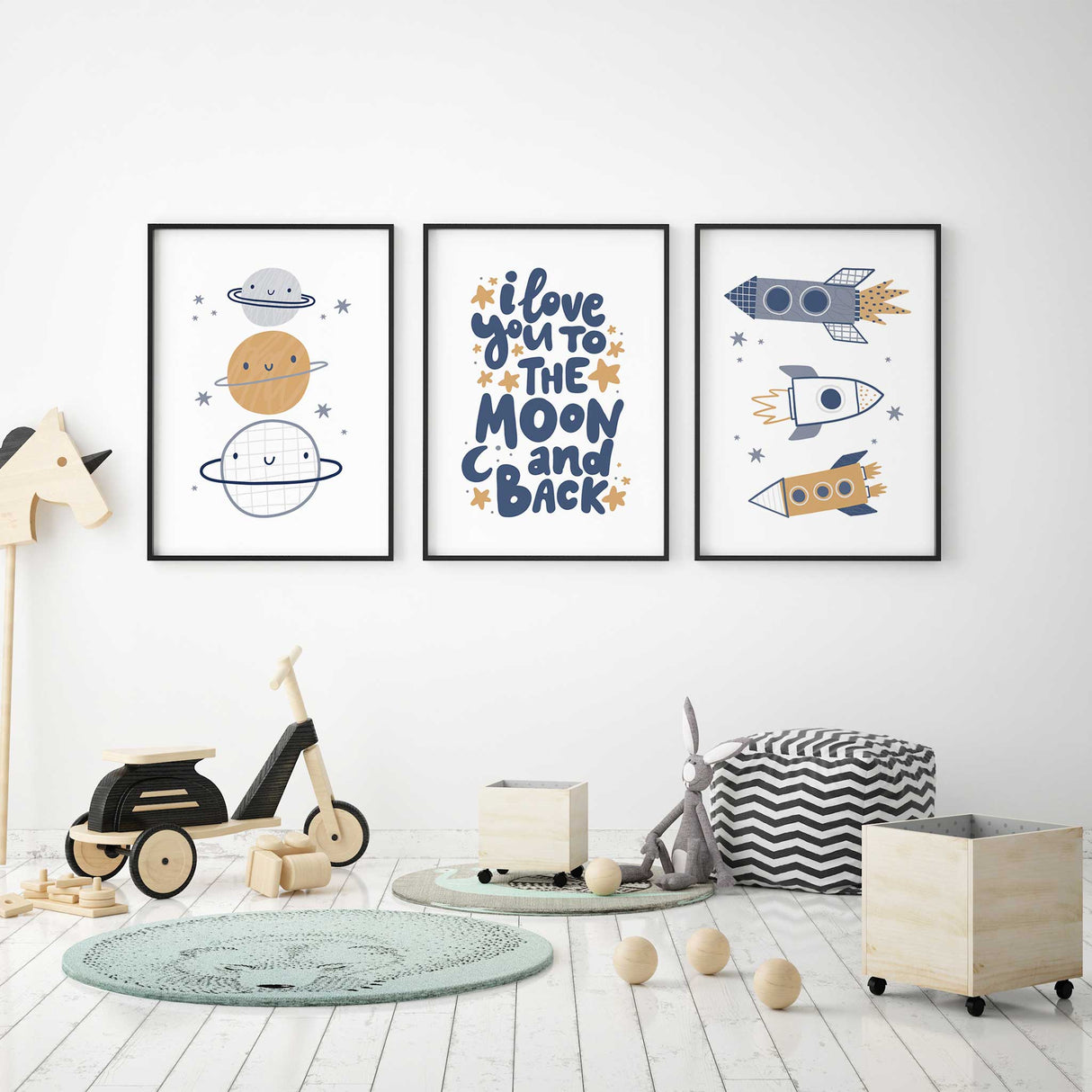 Rocket nursery wall art set with navy, grey and mustard space prints