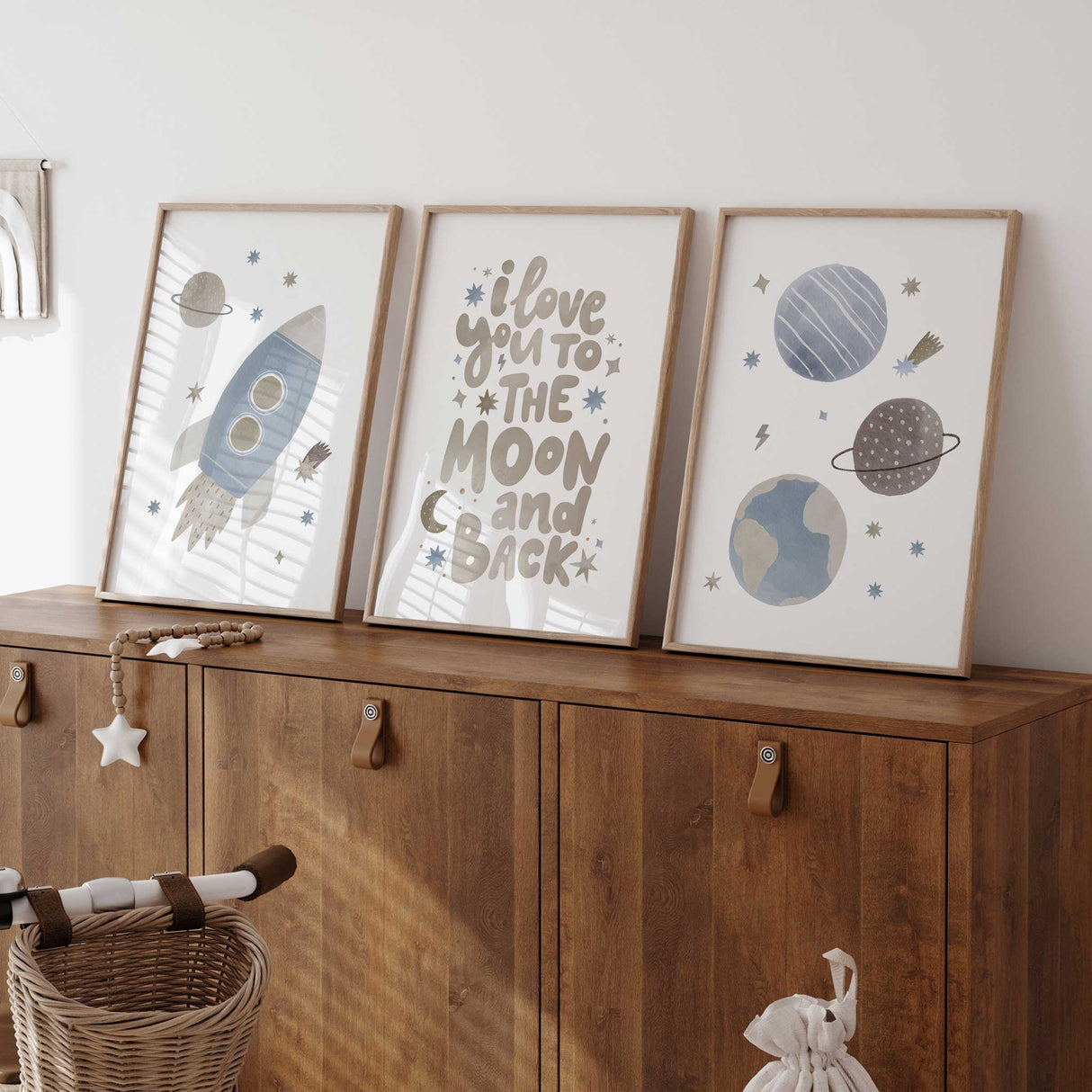 Nursery wall art with rocket and planets in neutral tones for boys or girls