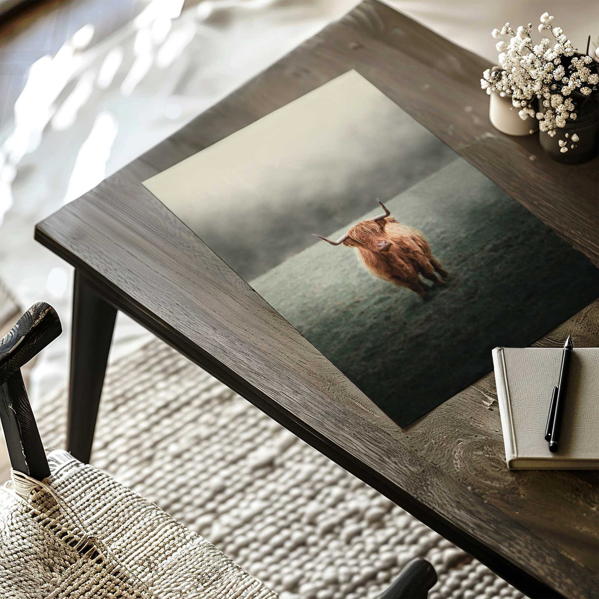 Cozy modern bedroom with Highland cow artwork