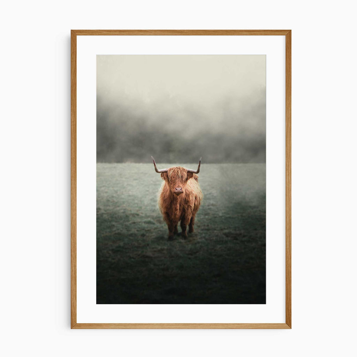 Large Highland cow wall art in neutral rustic bedroom interior