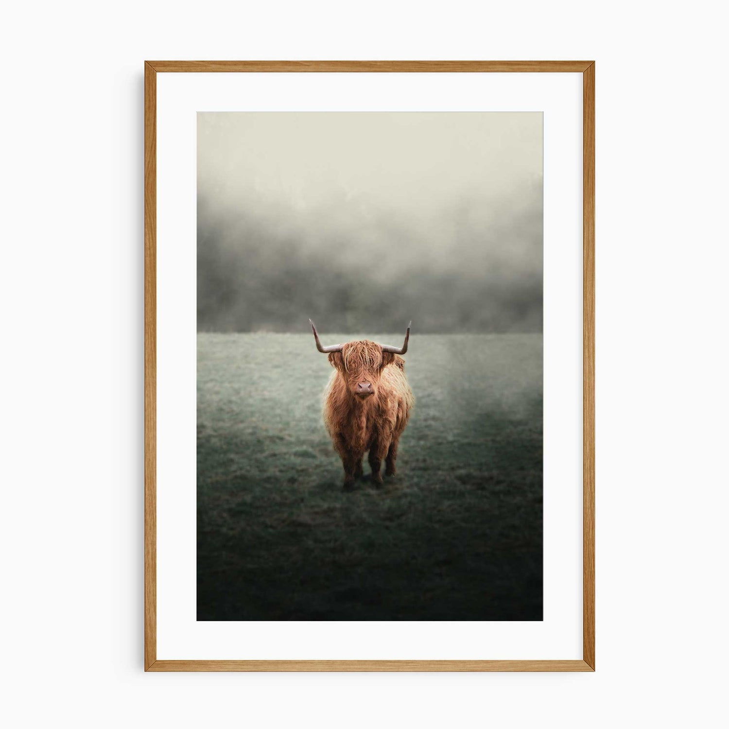 Large Highland cow wall art in neutral rustic bedroom interior