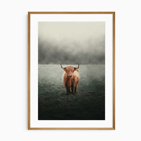 Large Highland cow wall art in neutral rustic bedroom interior