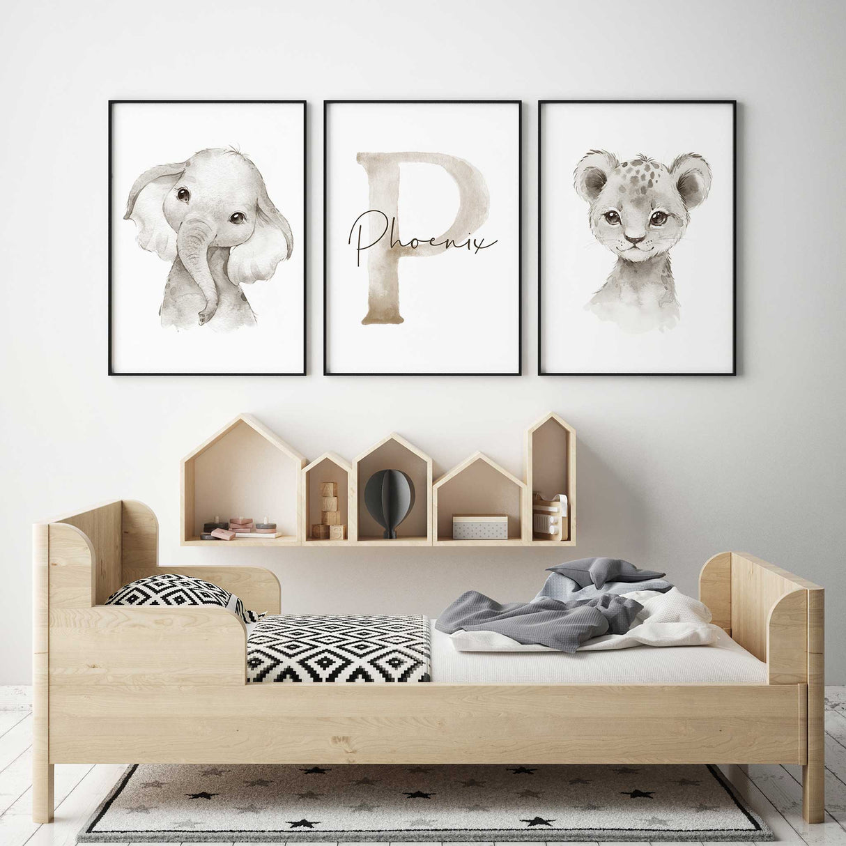 Boys safari nursery print set with lion cub, elephant and custom name design