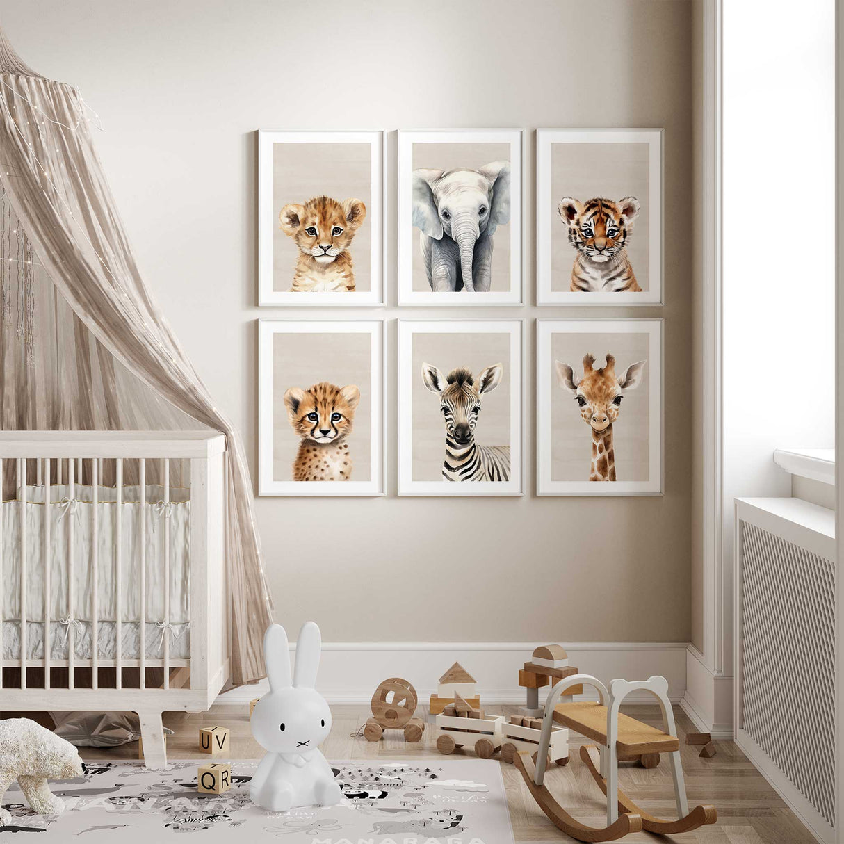 Safari animal nursery wall art set featuring baby lion, elephant, tiger, cheetah, zebra and giraffe in soft neutral tones