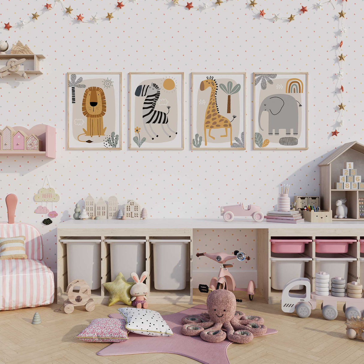Safari animal kids wall art set in neutral modern style