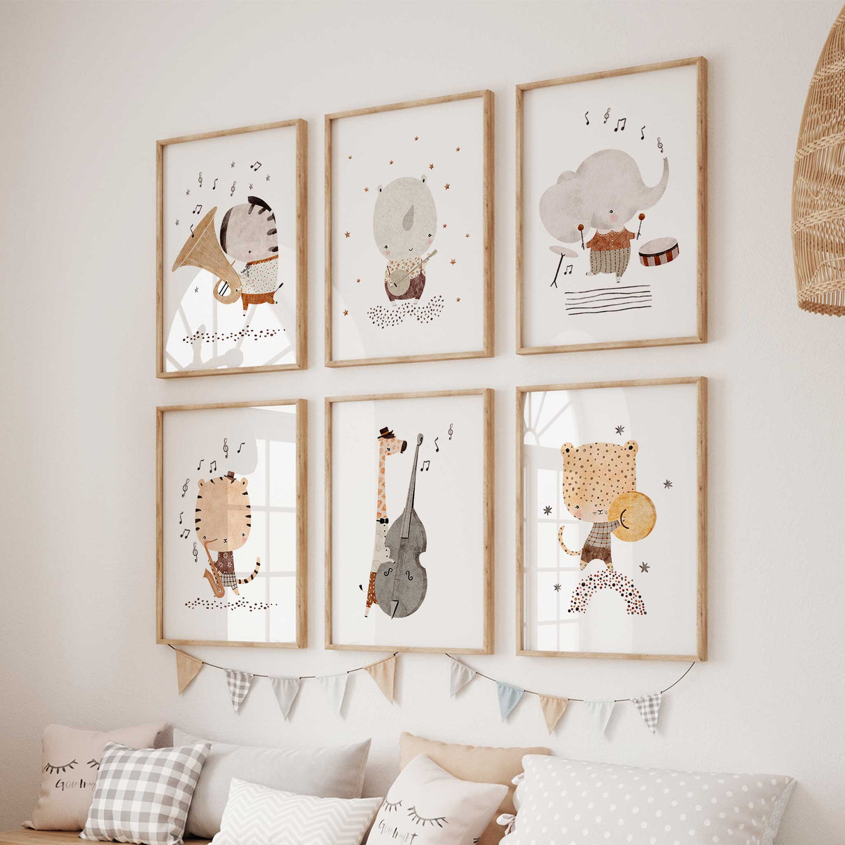 Set of musical animal prints with elephant, giraffe, tiger, tiger, rhino, and cheetah, perfect for safari or music themed nursery.