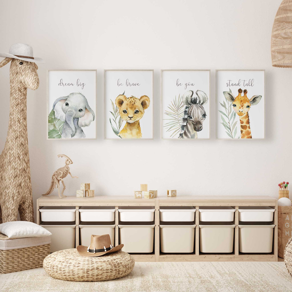 Jungle nursery wall art set with safari animals and positive quotes for kids’ décor