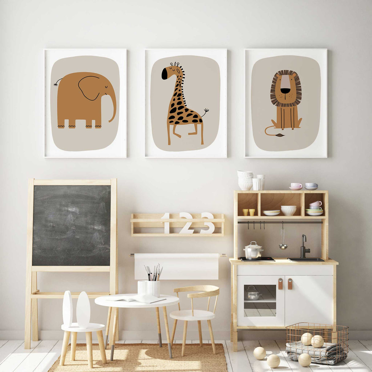Neutral safari animal wall art set for kids playroom