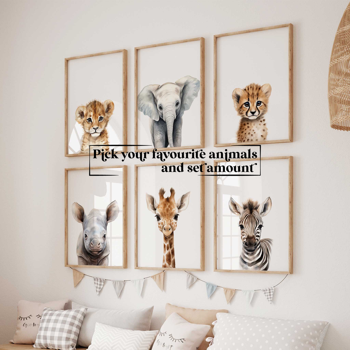Safari animal nursery prints featuring cheetah, giraffe, and elephant - perfect for kids' bedrooms and baby room décor.