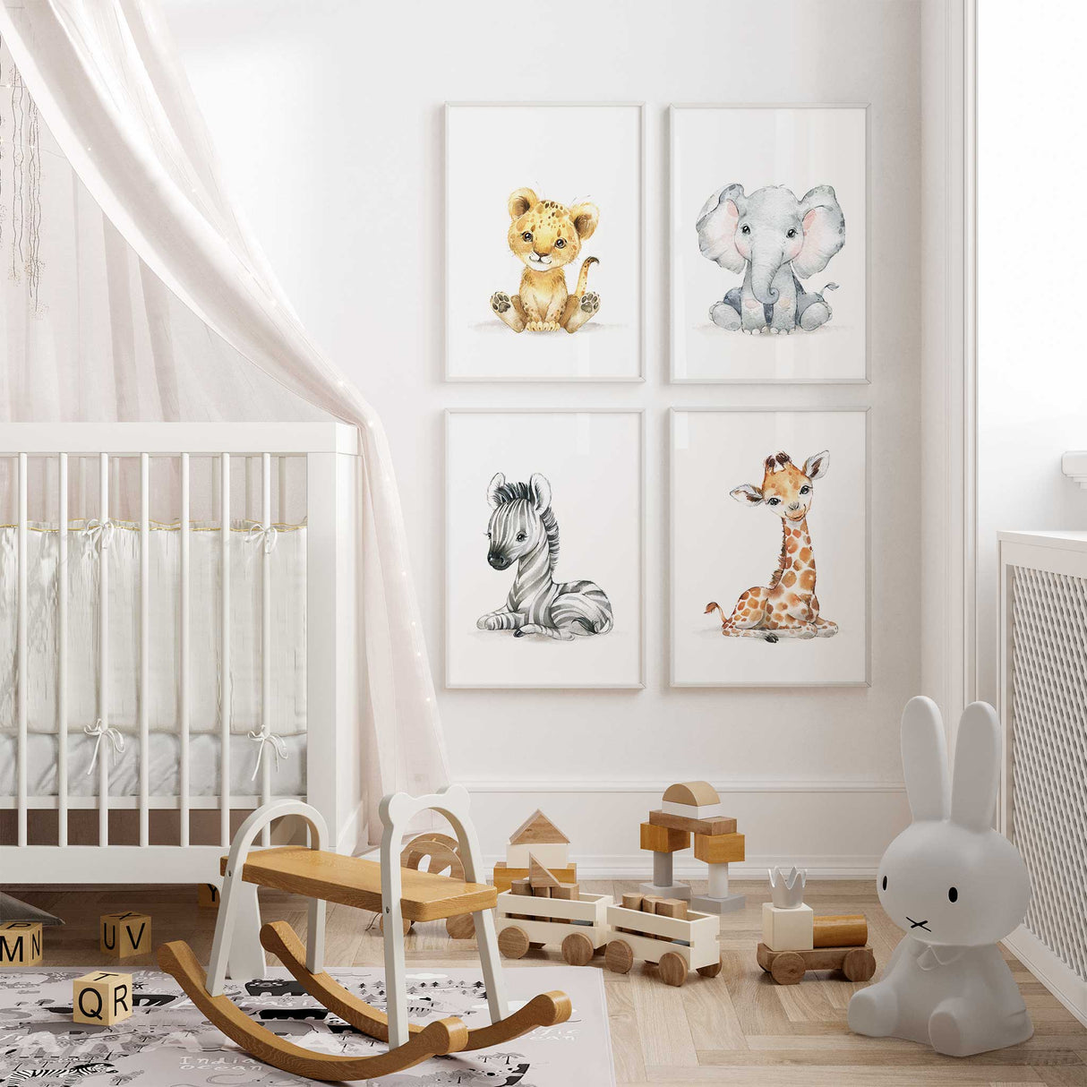 Safari nursery wall art set with lion and elephant prints for kids rooms