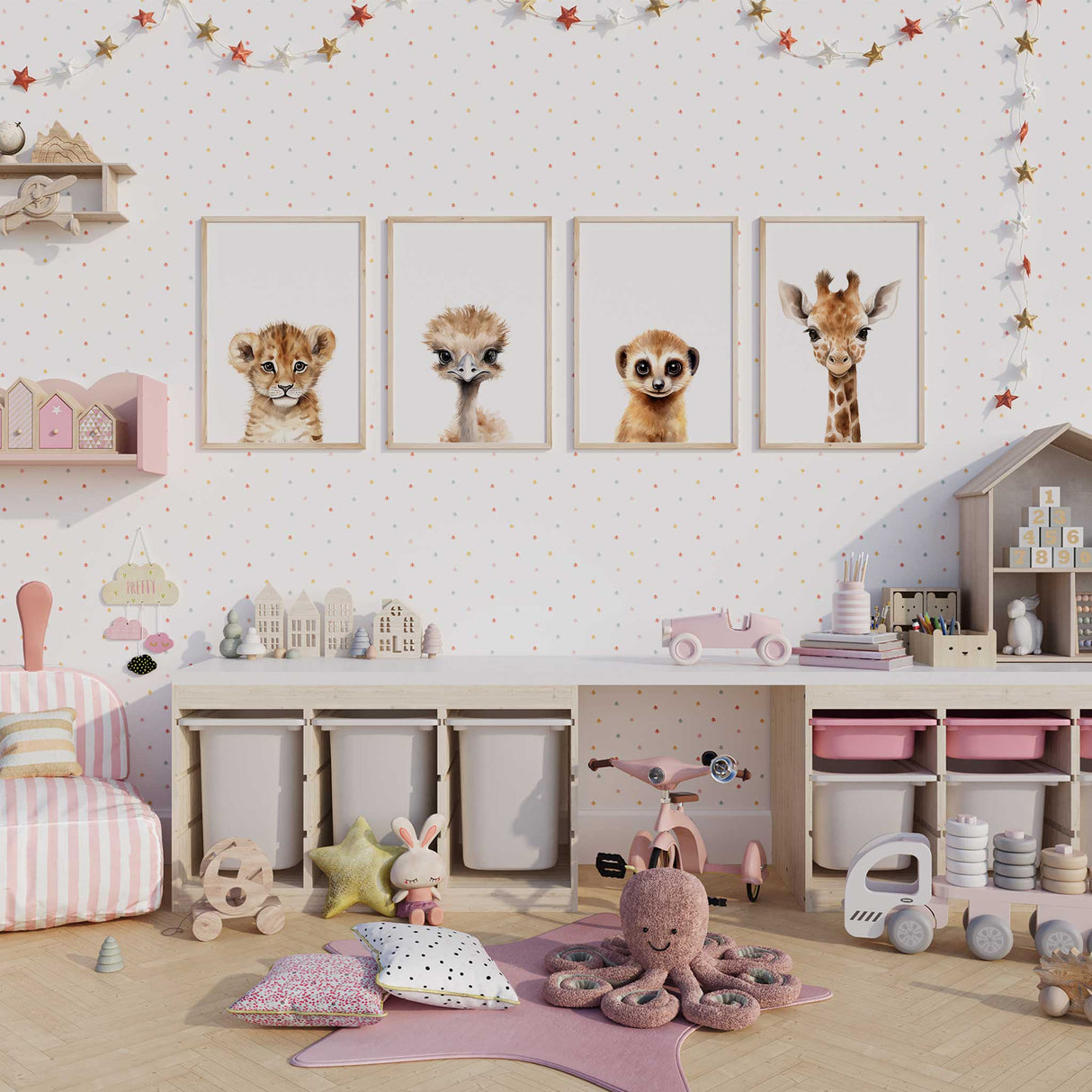 Set of 4 safari nursery prints featuring lion cub, ostrich, meerkat and giraffe wall art for kids room or baby decor