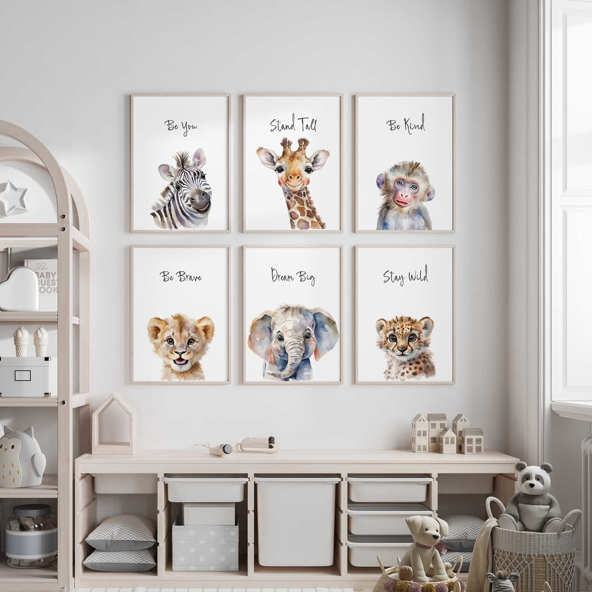 Set of 6 safari animal nursery prints featuring zebra, giraffe, monkey, lion cub, elephant, and cheetah with inspirational quotes – perfect for kids' room decor.